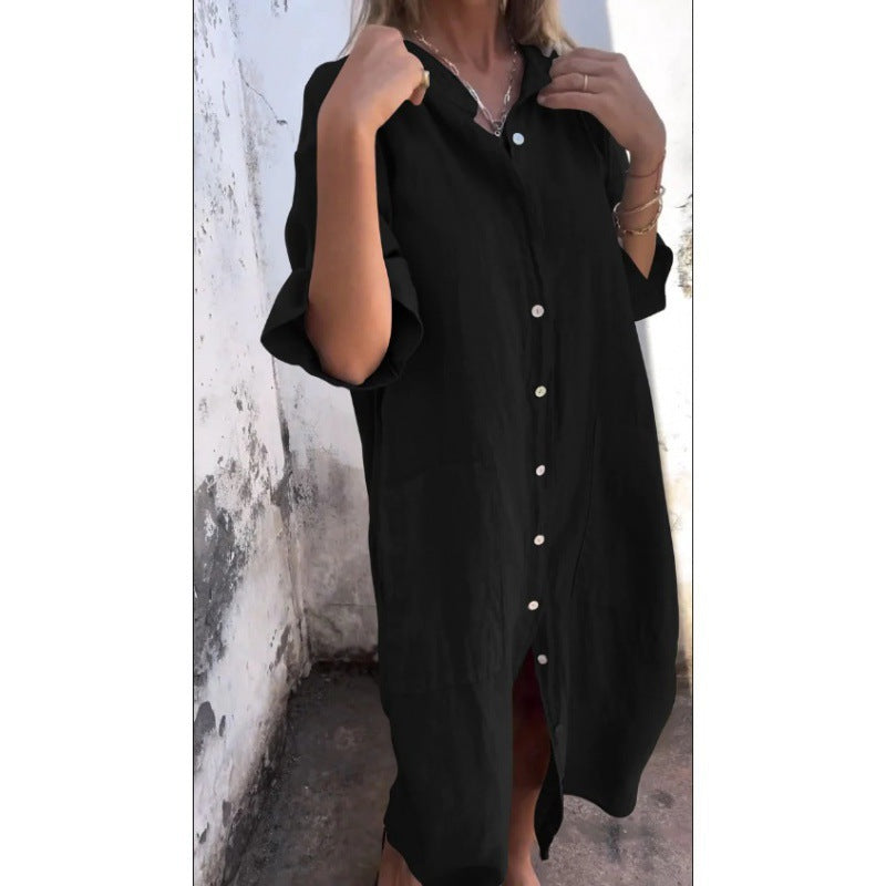 EB | Lässiges Baumwoll-Leinen Shirtkleid mit Dreiviertelärmeln