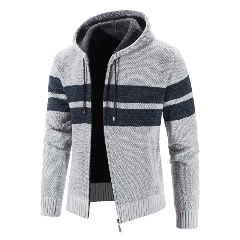 Herren Strickjacke mit Kapuze und modernem Streifenmuster EB