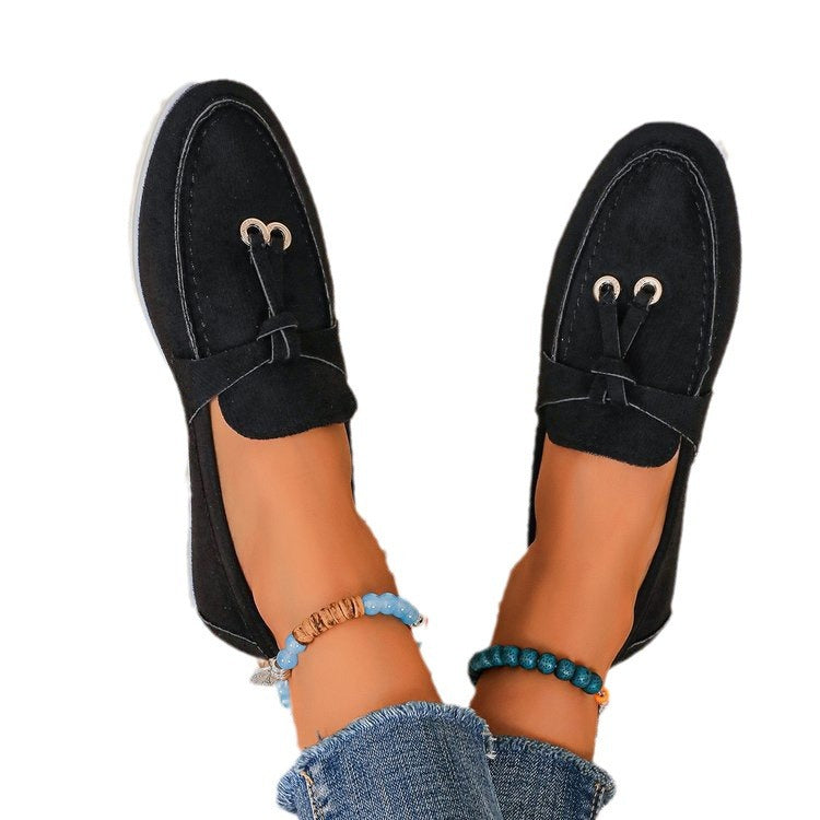 Damen Slipper-Loafer aus Velourslederoptik mit dekorativem Knotenriemen und leicht profilierter Gummisohle EB