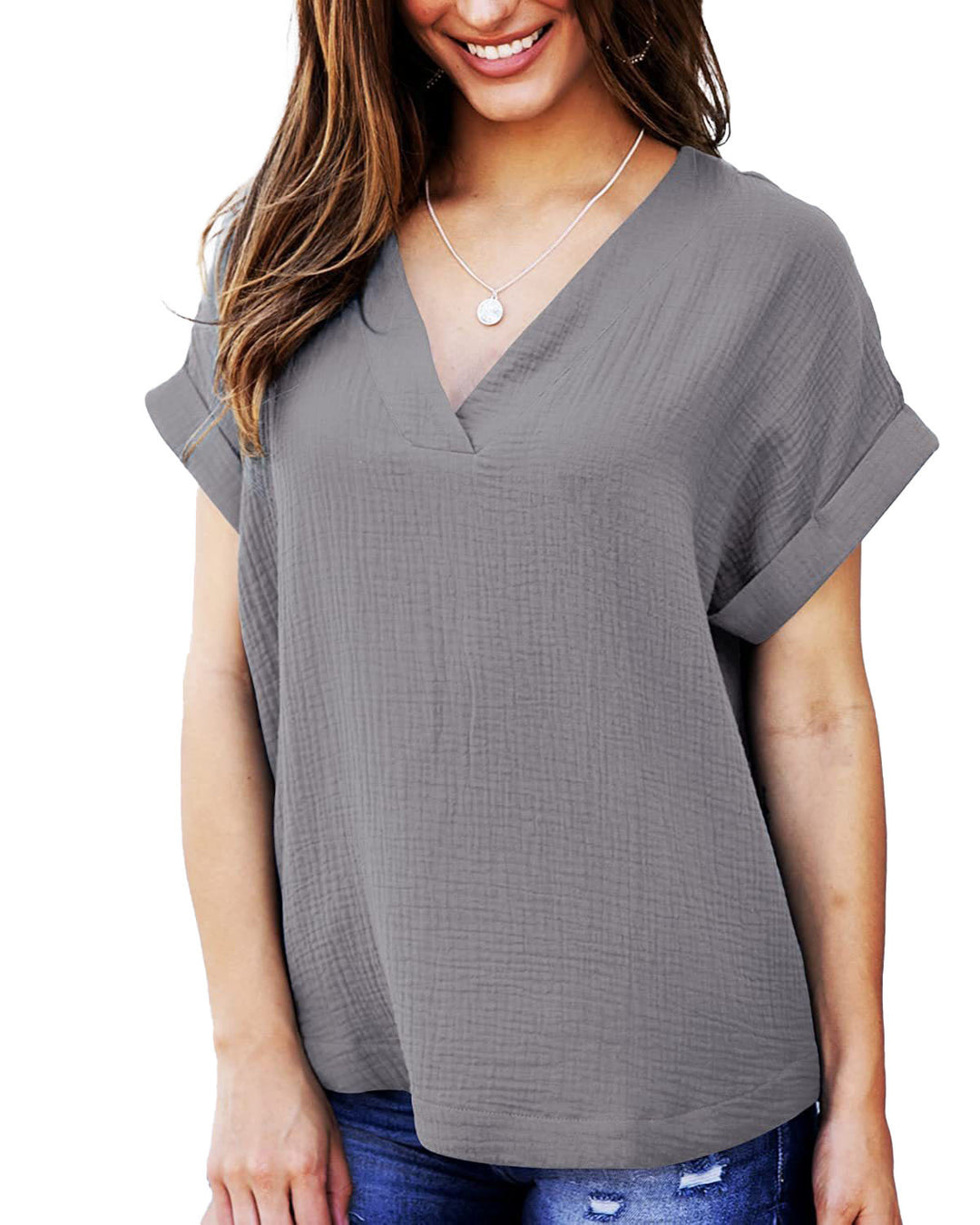 Damen lässiges V-Ausschnitt T-Shirt mit luftiger Passform und umgeschlagenen Ärmeln EB