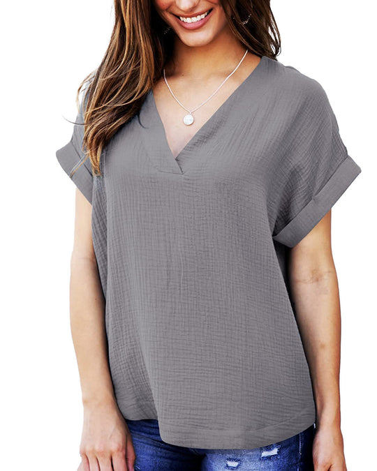 Damen lässiges V-Ausschnitt T-Shirt mit luftiger Passform und umgeschlagenen Ärmeln EB