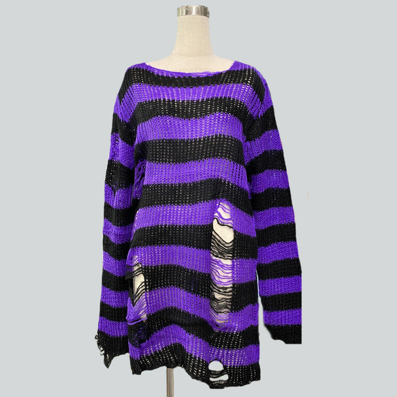 Damen nan Oversized Grobstrickpullover mit breiten Blockstreifen und aufgerissenem Design EB