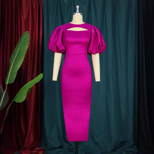 Damen figurbetontes Kleid mit Puffärmeln und Schlüssel-Ausschnitt EB