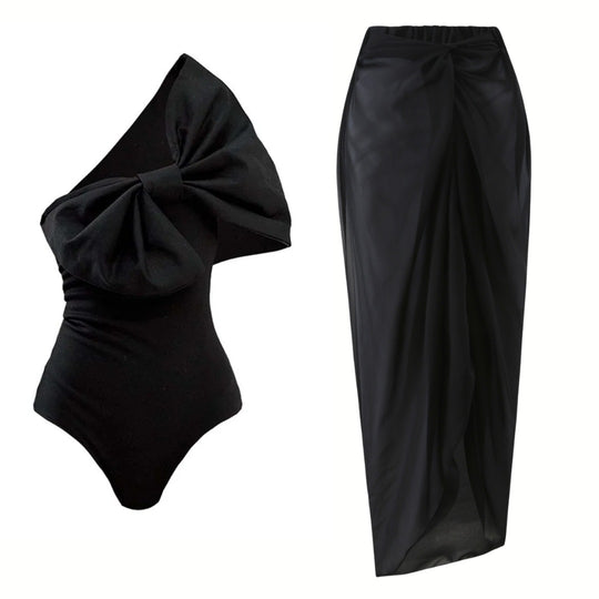 Damen Einschnitt Badeanzug mit voluminösem Schleifen-Detail und elegantem Wickelrock EB