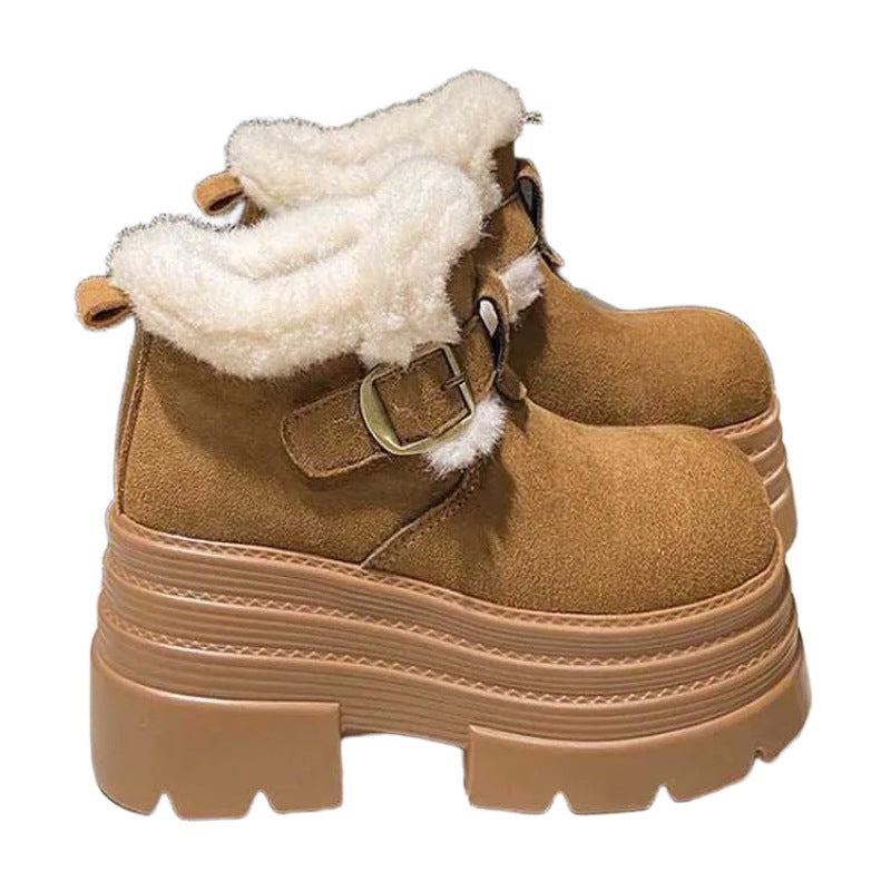 Damen Flauschige Plateau Stiefeletten mit modischer Schnalle EB