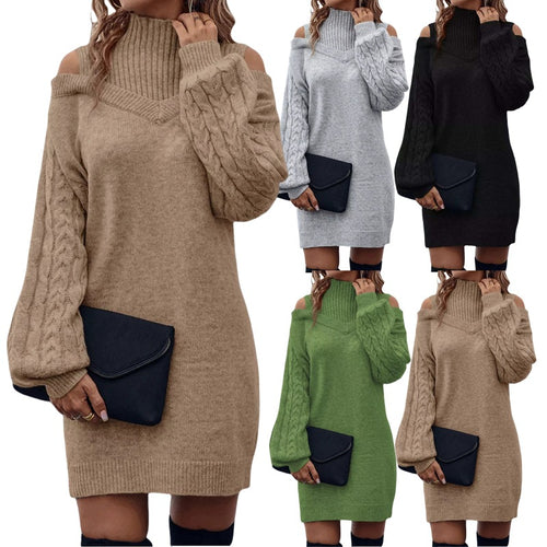 Damen Strickkleid mit geöffneten Schultern und strukturiertem Stehkragen EB