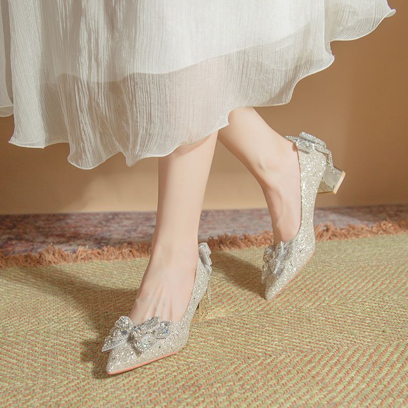 Damen elegante und funkelnde Pumps mit dekorativen Schleifen EB