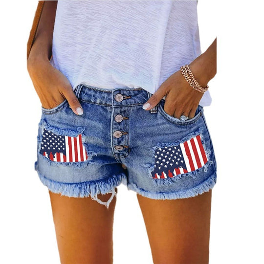 Damen Denim-Shorts mit Vintage-Fransen und patriotischen Applikationen EB