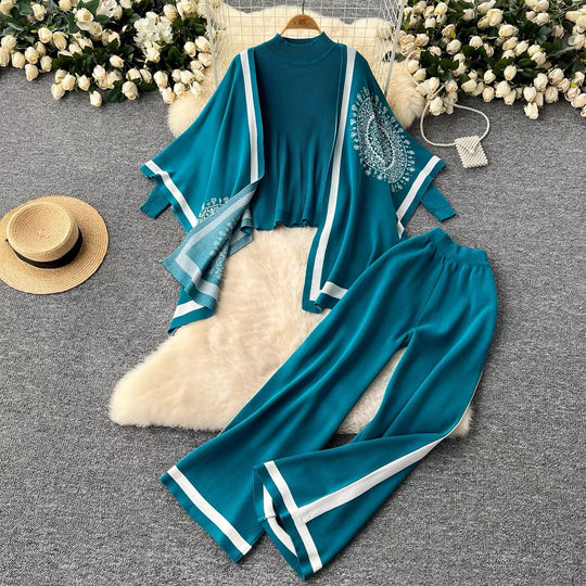 Damen lässiges Strickensemble mit langen Ärmeln und weitem Bein EB