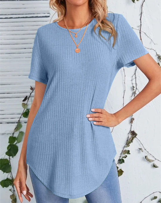 Damen lässiges Strickoberteil mit verlängertem Schnitt und Rundhalsausschnitt EB
