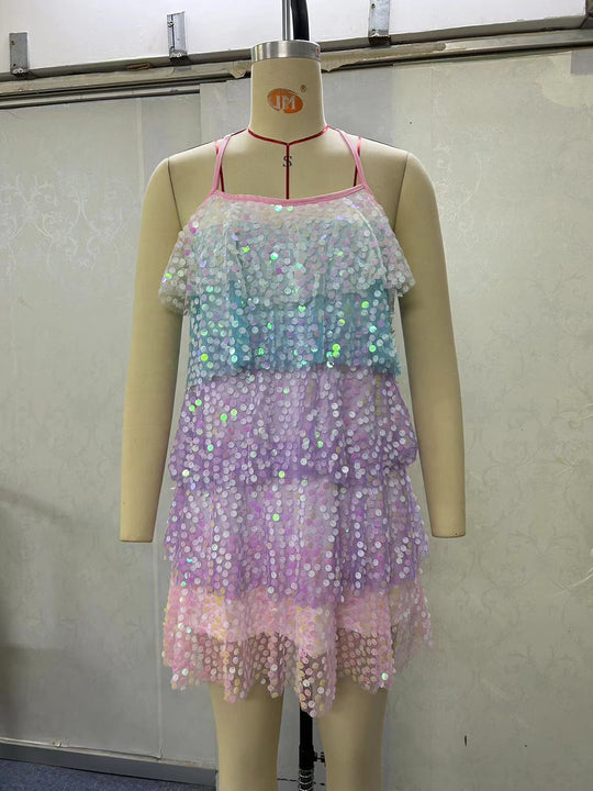 Damen luftiges Sommerkleid mit buntem Paillettenmuster EB