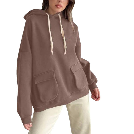 Damen nan Oversize-Kapuzenpullover mit aufgesetzten Klappentaschen und extra-langen Kordeln EB