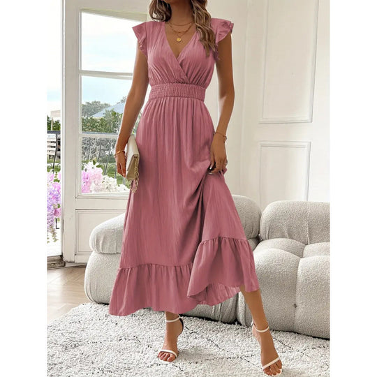 Damen Maxikleid mit voluminösen Rüschenärmel und elegantem Bund EB