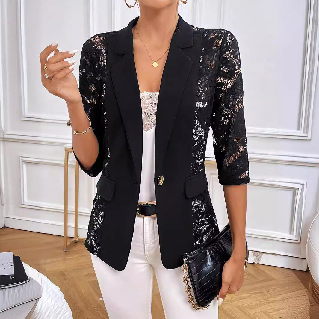 Damen Eleganter Spitzenblazer mit transparenten Ärmeln EB