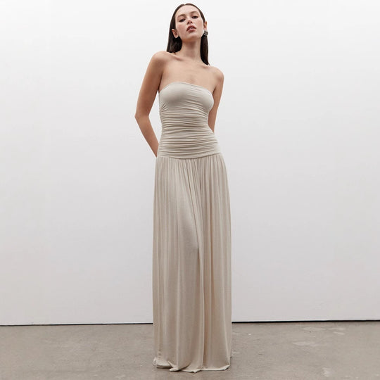 Damen Maxikleid mit raffiniertem gerafftem Oberteil und fließendem Rock EB