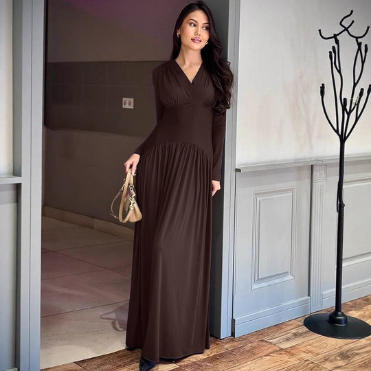 Damen Elegantes Maxikleid mit tiefem V-Ausschnitt und fließendem Schnitt EB