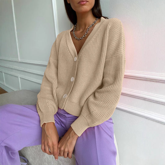 Damen kuschelige Strickjacke mit umschlagbaren Ärmeln und modischen Knopfdetails EB