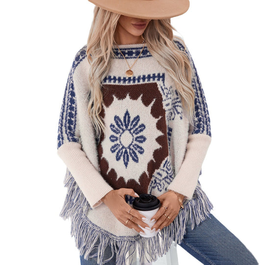Damen eleganter Strickponcho mit kunstvollem Muster und fransigem Abschluss EB
