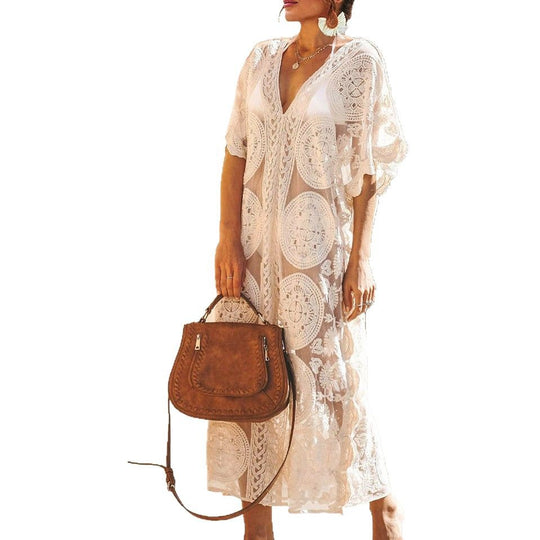 Damen Elegantes Häkel-Strandüberwurfkleid mit voluminösen Ärmeln und V-Ausschnitt EB