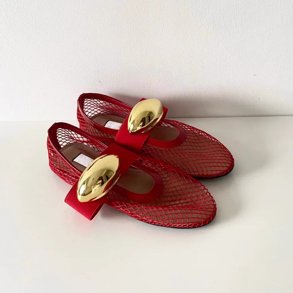 Damen Ballerinas mit luftiger Netzstruktur und dekorativem Goldakzent EB