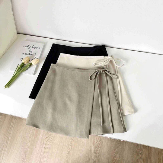 Damen Wickelrock aus hochwertigem Leinenstoff mit eleganter Schleifenbindung EB