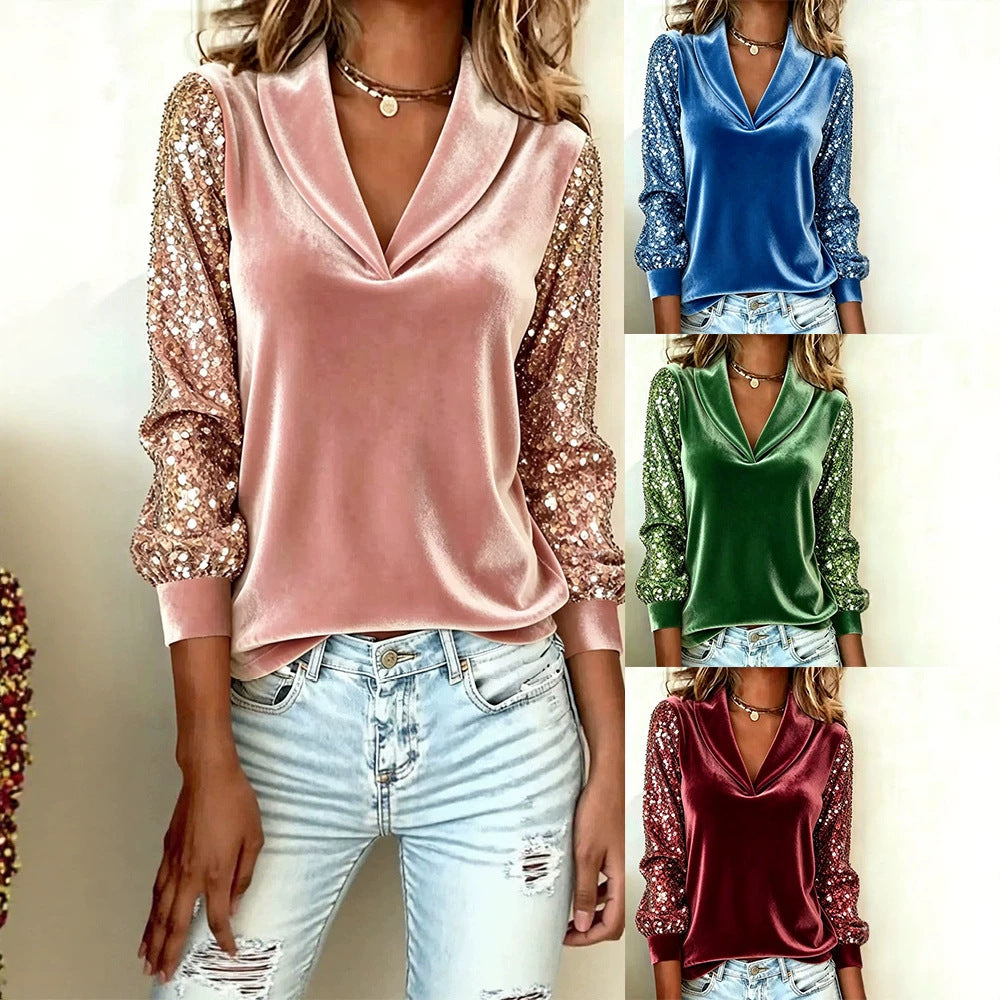 Damen Elegante Samtbluse mit Schalkragen, Paillettenärmeln und Ballonärmeln EB