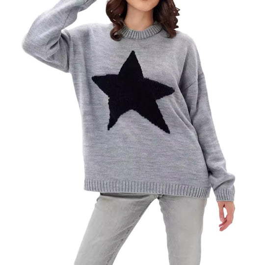 Damen Grobstrickpullover mit auffälligem Sternmotiv und lässigem Schnitt EB