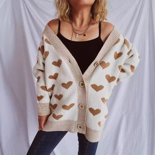 Damen Strickjacke mit herzförmigem Muster und knöpfbarem Design EB