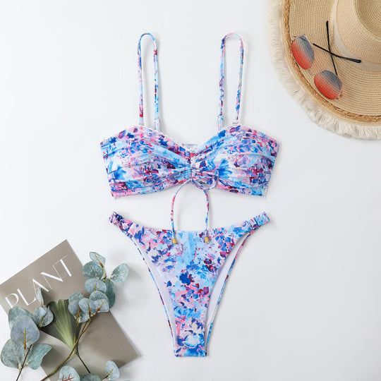 Damen-Bikini-Set mit Raffung und romantischem Blumendesign EB