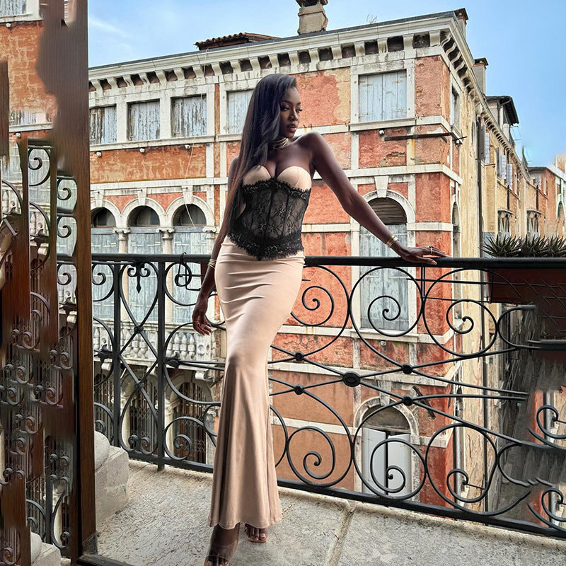 Damen Langarm-Boudoir-Kleid mit Spitzenoberteil EB