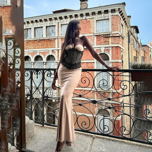 Damen Langarm-Boudoir-Kleid mit Spitzenoberteil EB