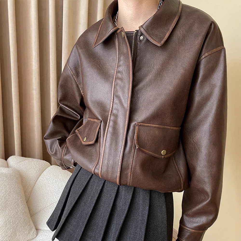 Damen Kunstlederjacke mit praktischen Taschen und modischem Schnitt EB
