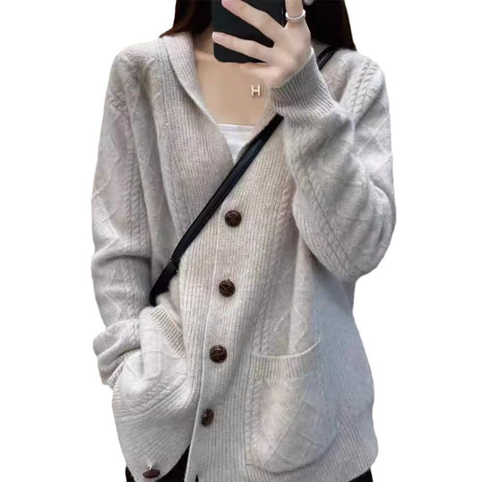 Damen Strickcardigan mit eleganter Struktur und großen Holzknöpfen EB