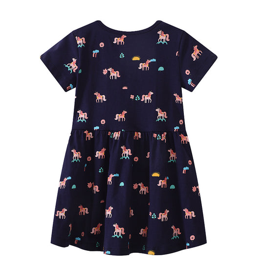 Mädchen Kurzarm Kleid mit verspieltem Einhorn-Motiv EB