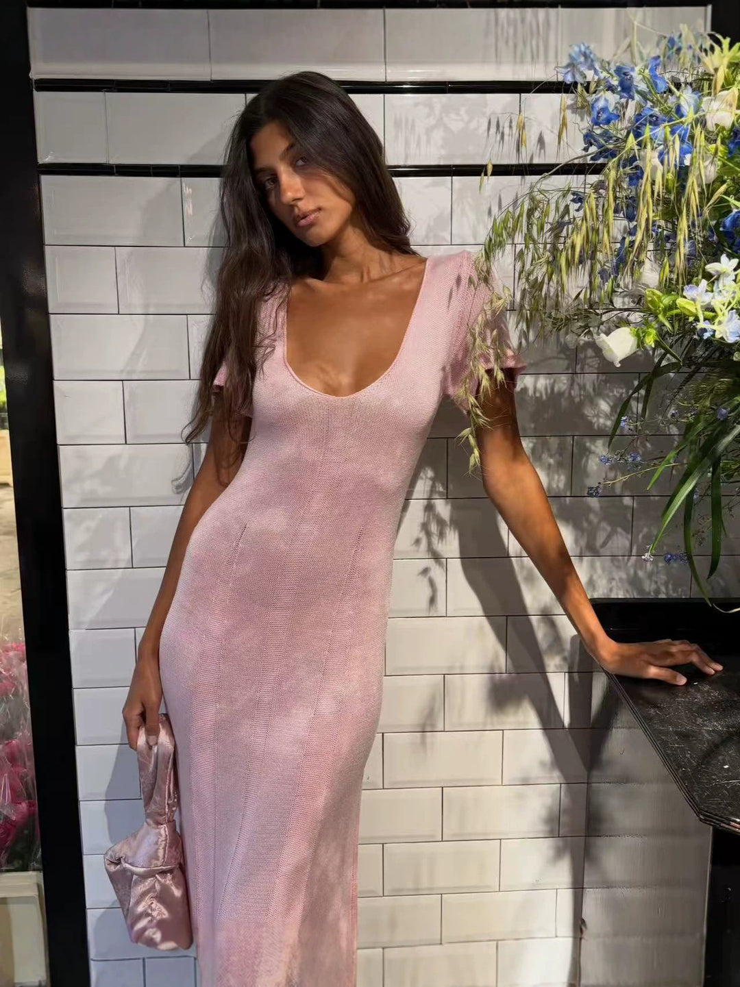 Damen elegantes figurbetontes Maxikleid mit V-Ausschnitt EB