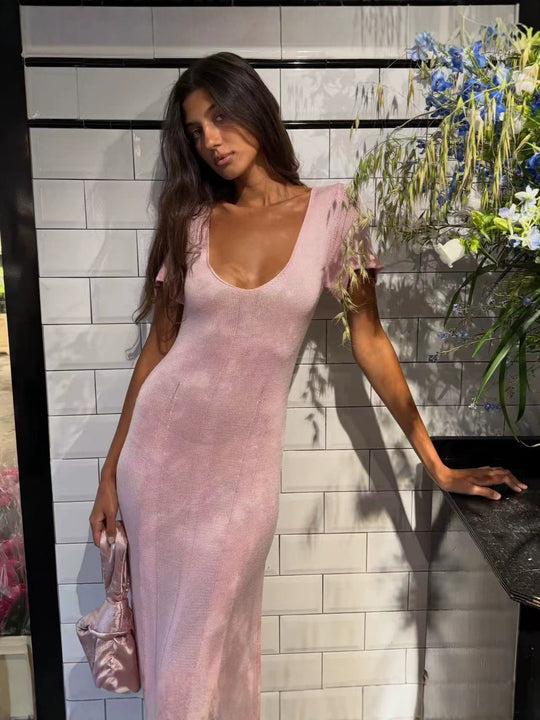 Damen elegantes figurbetontes Maxikleid mit V-Ausschnitt EB