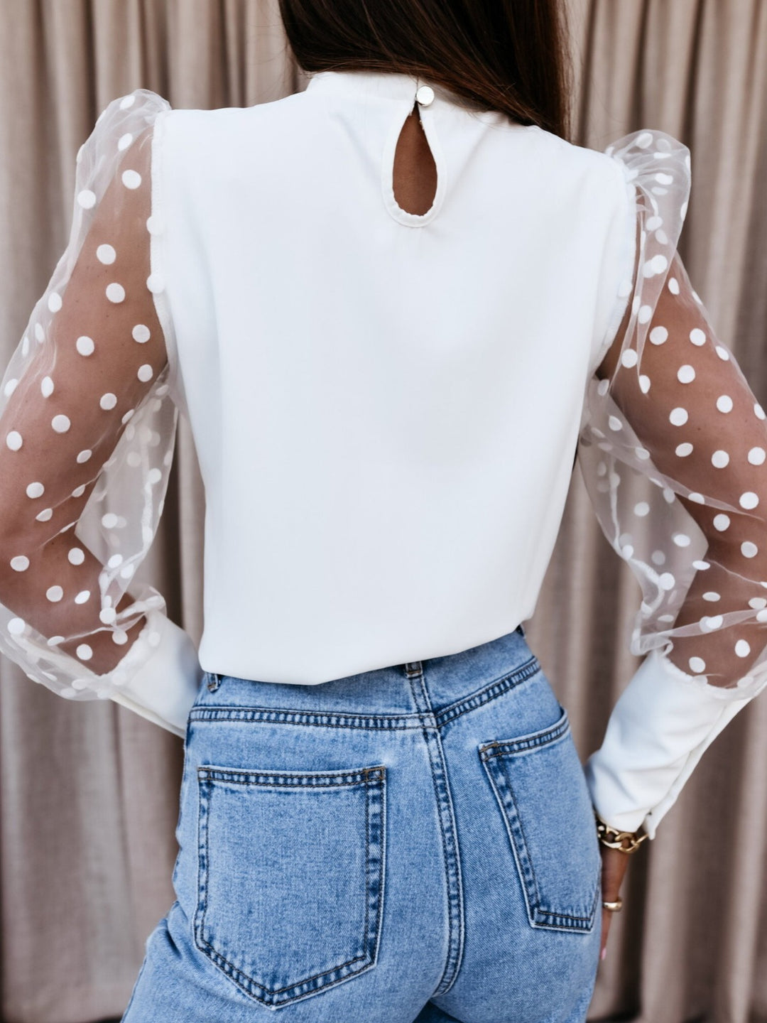 Damen Elegante Bluse mit transparenten Puffärmeln und Punkten EB