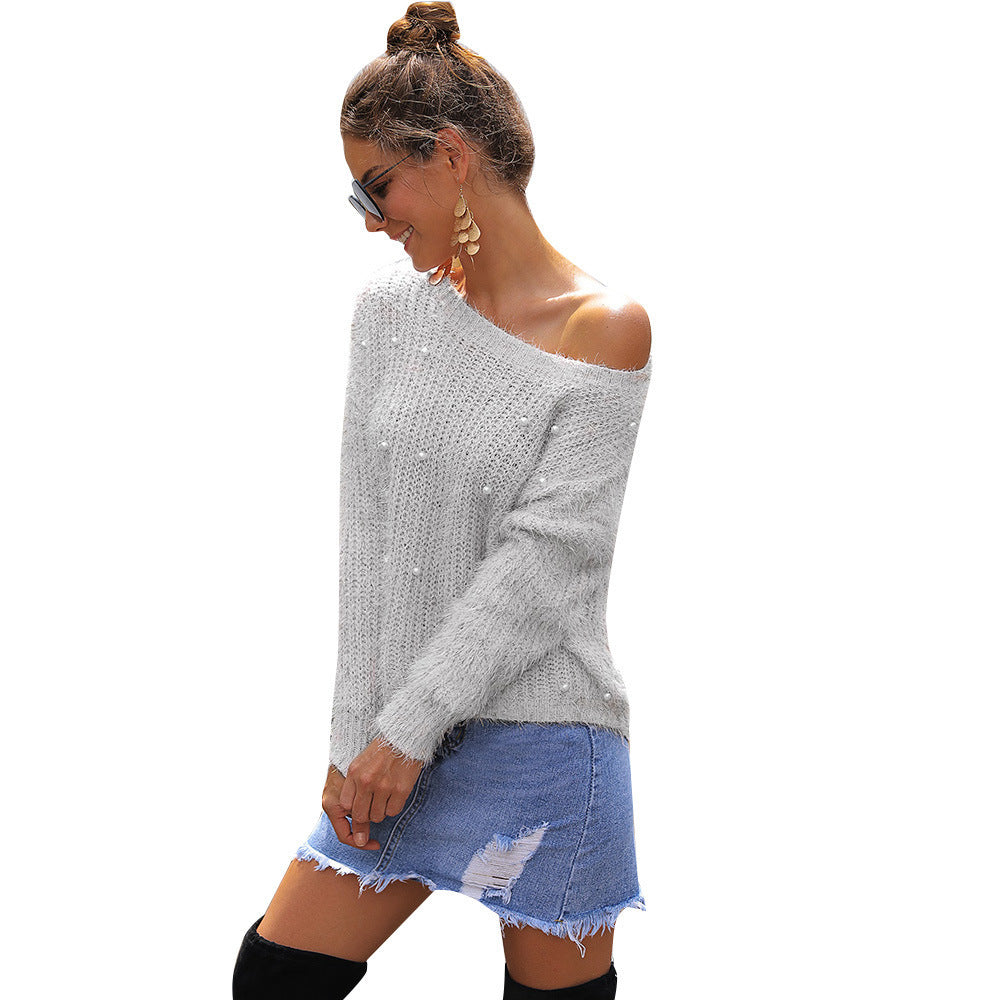 Damen Eleganter und lockerer Pullover mit Schulterfreiem Design und Perlenverzierung EB