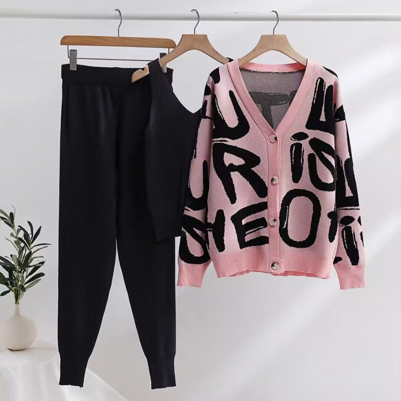 Damen gemütliches Strick-Loungewear-Set mit Dekorativem Schriftzug EB