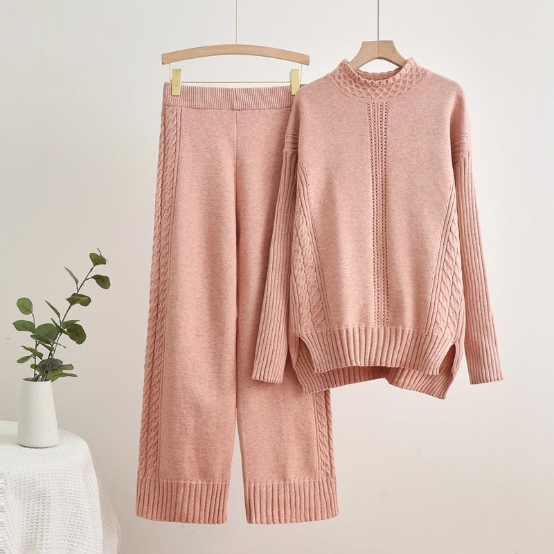 Damen komfortables Strick-Loungewear-Set mit hohen Bündchen und dekorativen Zopfmustern EB