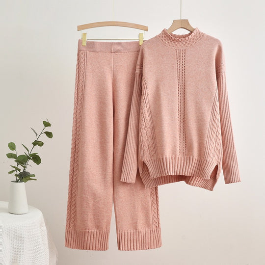 Damen komfortables Strick-Loungewear-Set mit hohen Bündchen und dekorativen Zopfmustern EB