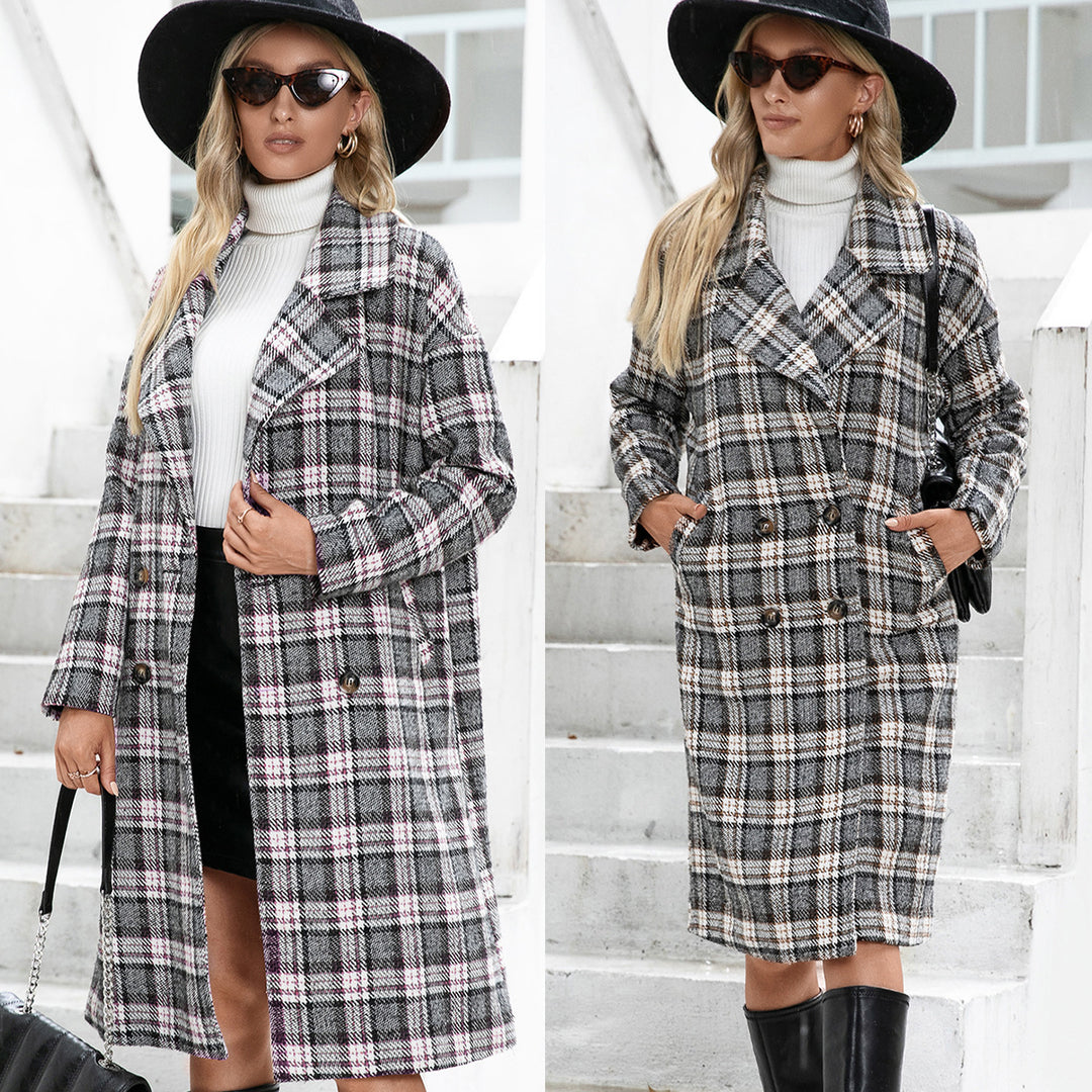 Damen Oversized Karo-Mantel im eleganten Double-Breasted Design EB
