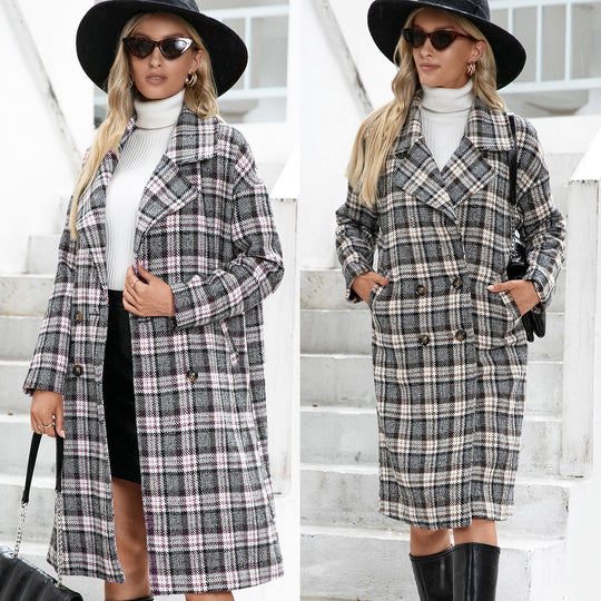 Damen Oversized Karo-Mantel im eleganten Double-Breasted Design EB