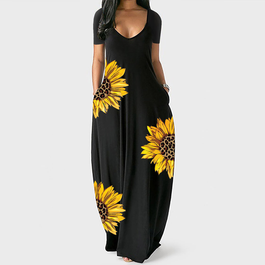 Damen Maxikleid mit floralen Akzenten und praktischen Taschen EB