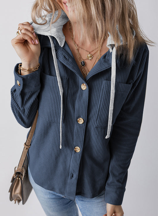 Damen lässige Oversized-Hemdjacke mit Kapuze und strukturiertem Stoff EB