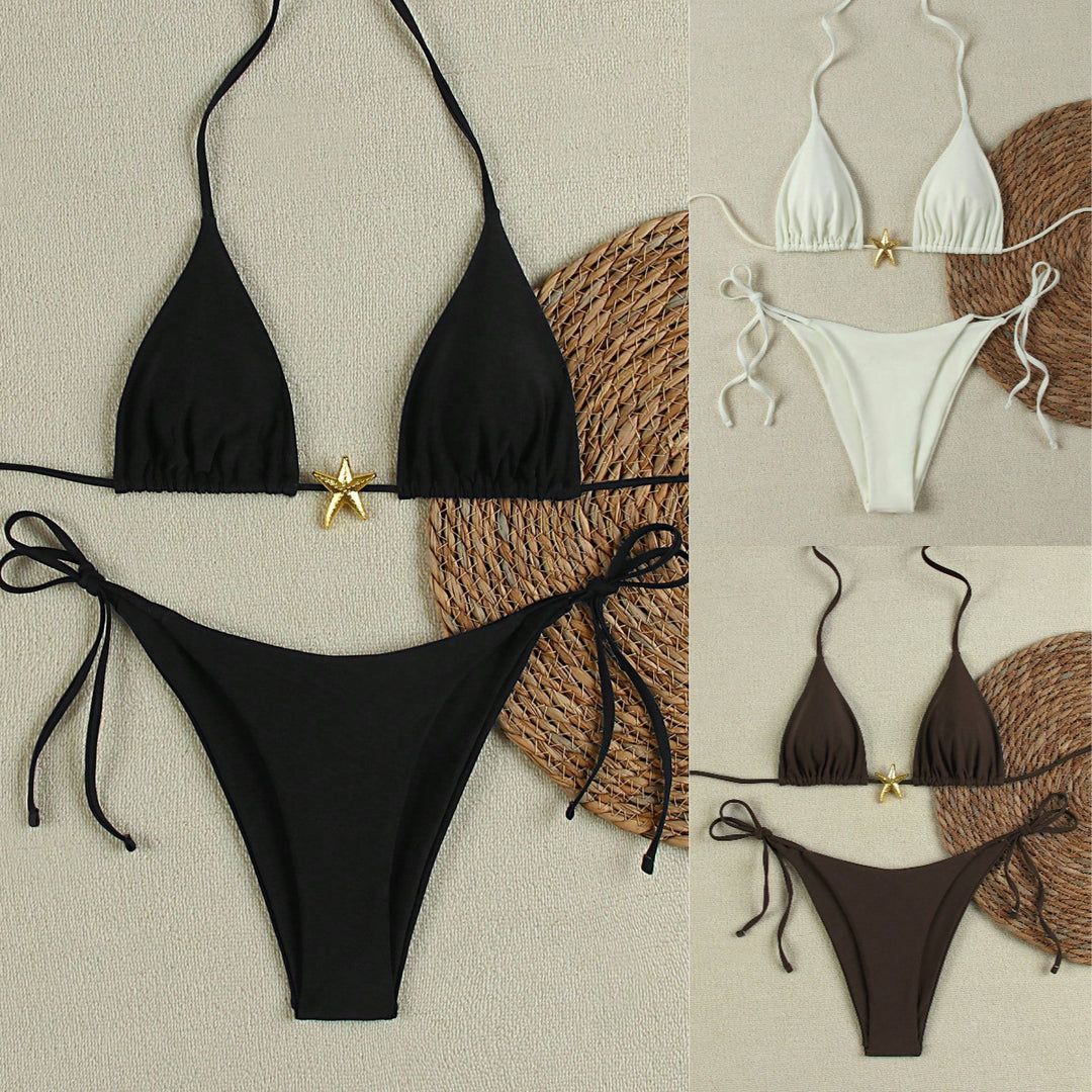 Damen Triangel-Bikini-Set mit verstellbaren Trägern und dekorativem Schmuckelement EB
