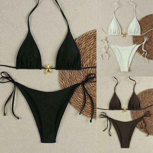 Damen Triangel-Bikini-Set mit verstellbaren Trägern und dekorativem Schmuckelement EB