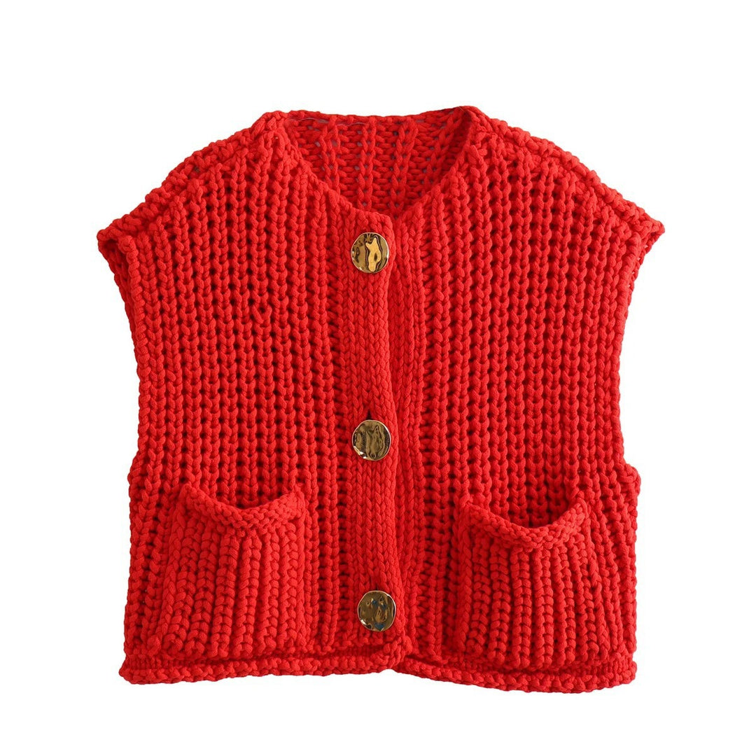Damen Kurzgeschnittene Ärmellose Strickweste mit V-Ausschnitt und Zierknöpfen EB