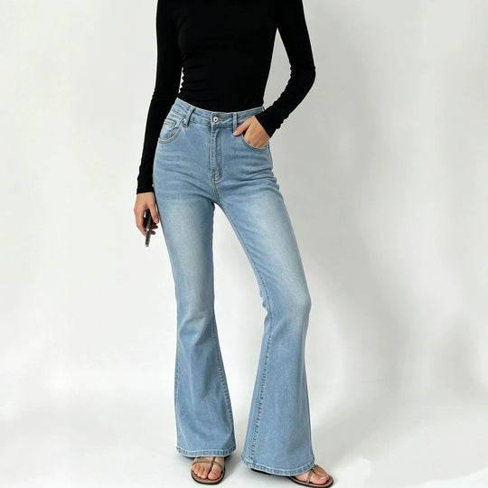 Damen nan hochgeschnittene Jeans mit schmaler Hüftpartie und weitem Schlag mit elastischem Bund EB