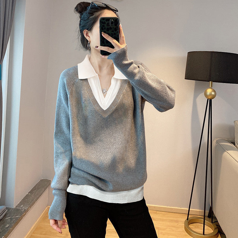Damen V-Ausschnitt Pullover im Layering-Stil mit kragen EB